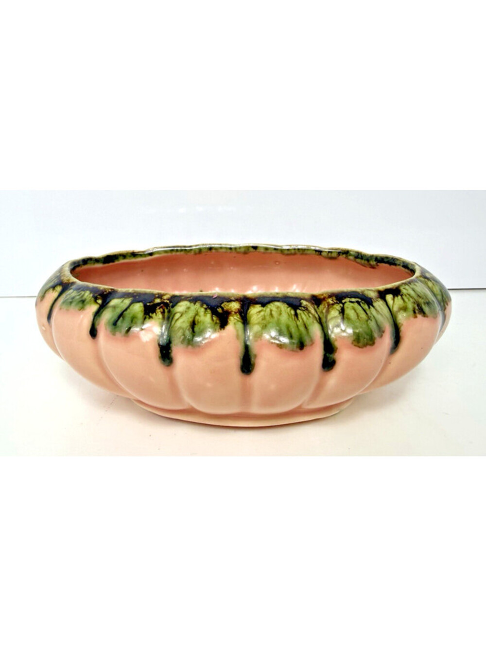 Vtg Pink Green Drip Glaze Pottery Planter Oval MCM Stamped USA